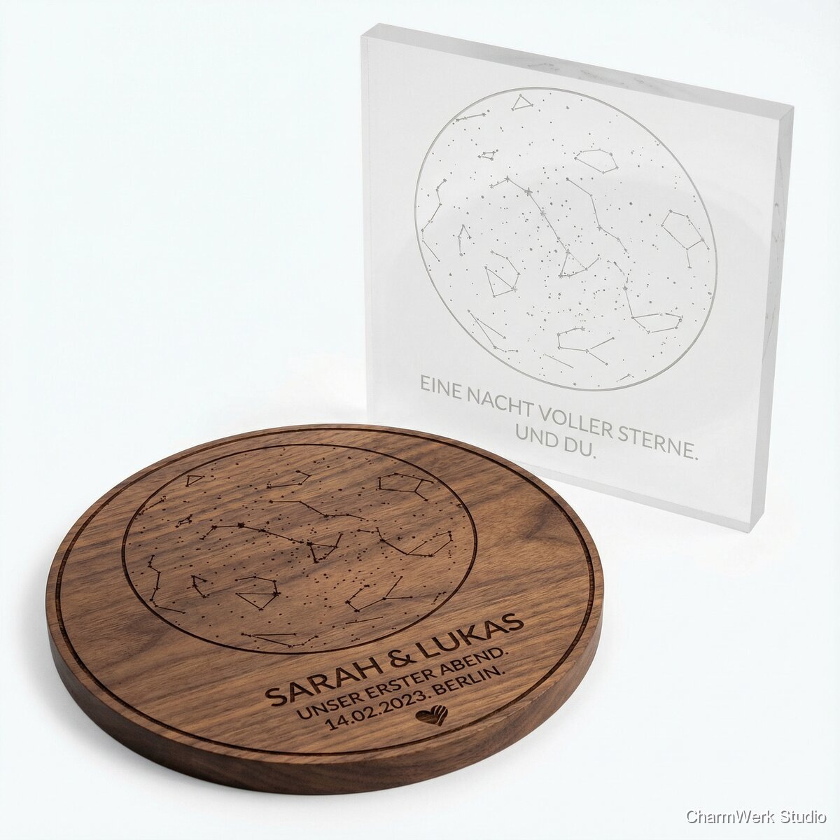 Lasergravierte Sternkarte eures Kennenlern-Abends - Seitenansicht