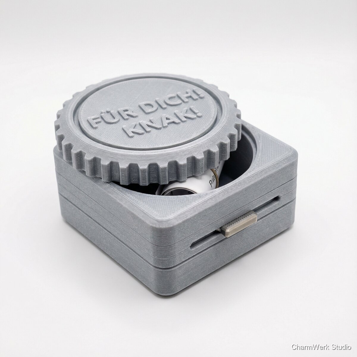 Mechanisches Geschenk: „Message-Box“ mit Drehverschluss - Seitenansicht