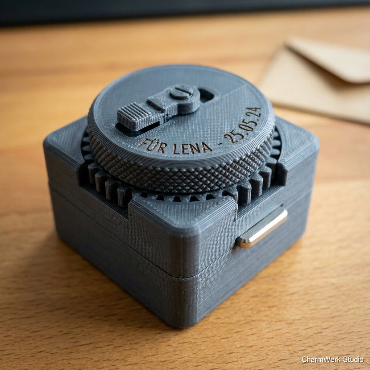 Mechanisches Geschenk: „Message-Box“ mit Drehverschluss - Detailansicht