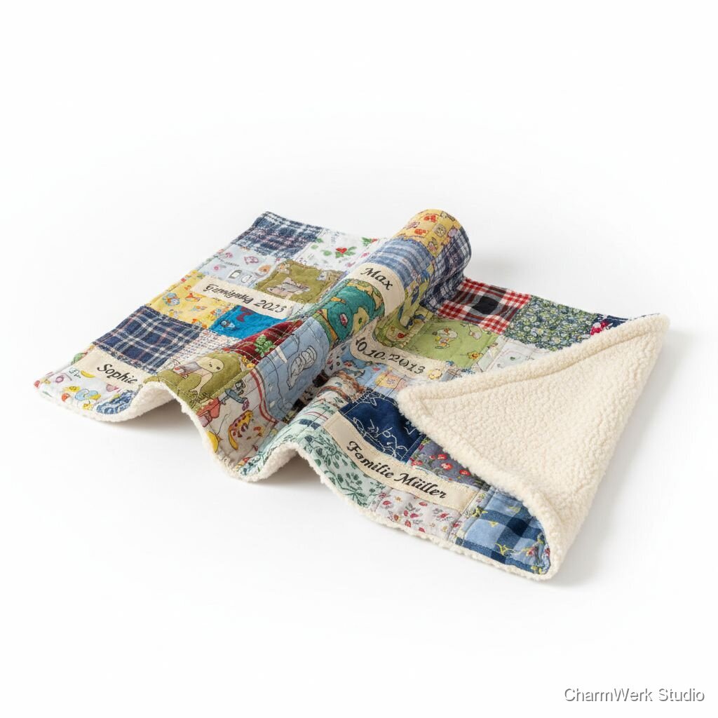 Personalisierte Patchwork-Kuscheldecke aus Erinnerungsstoffen