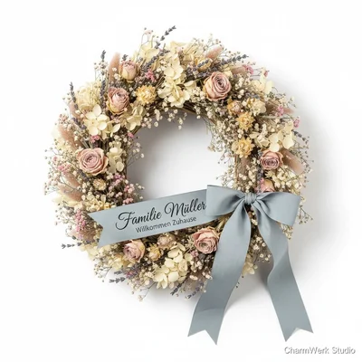 Handgebundener Trockenblumen-Kranz mit Namensband