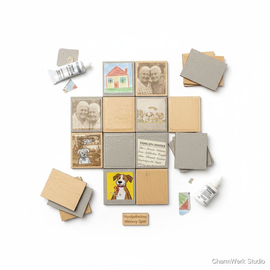 Handgefertigtes Memory-Spiel mit Familienmotiven