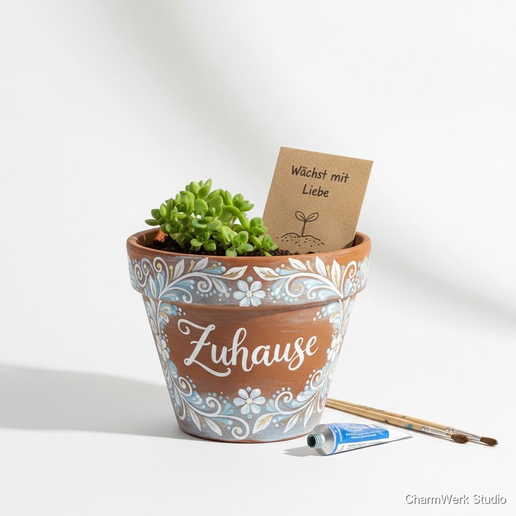 Handbemalter Blumentopf mit Wunschwort und Muster