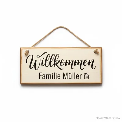 Handbemaltes Holzschild „Willkommen“ mit Familienname