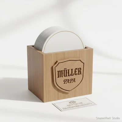 Personalisierter Bierdeckelhalter mit Familiennamen-Emblem