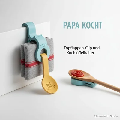 „Papa kocht“-Topflappen-Clip und Kochlöffelhalter