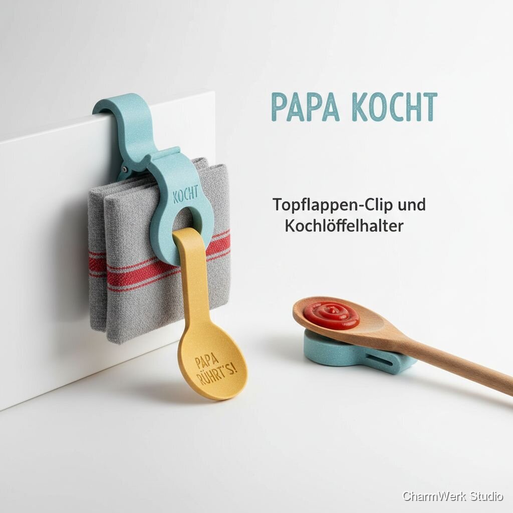 „Papa kocht“-Topflappen-Clip und Kochlöffelhalter
