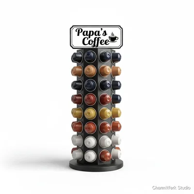 Personalisierter „Papa’s Coffee“-Kapselhalter als Turm