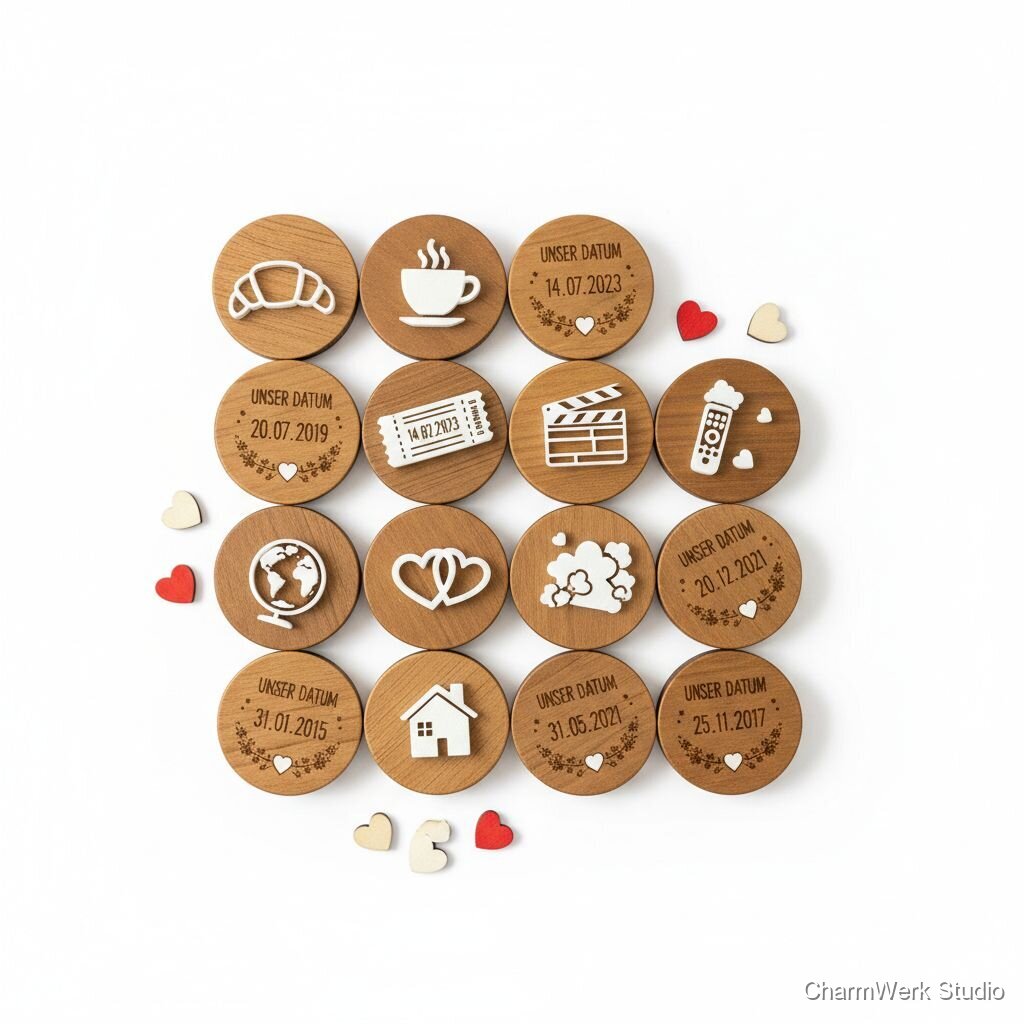 Valentins-Memory: Holzplättchen mit 3D-Icon-Paaren