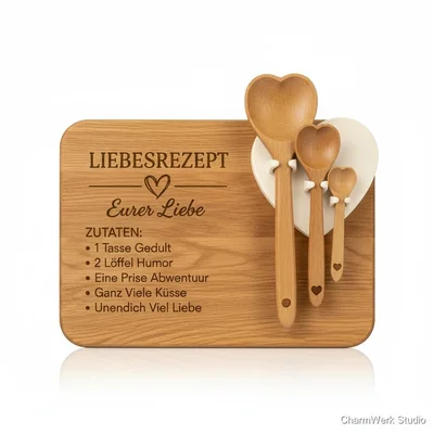 „Liebesrezept“-Schneidebrett mit 3D-Messlöffel-Halter