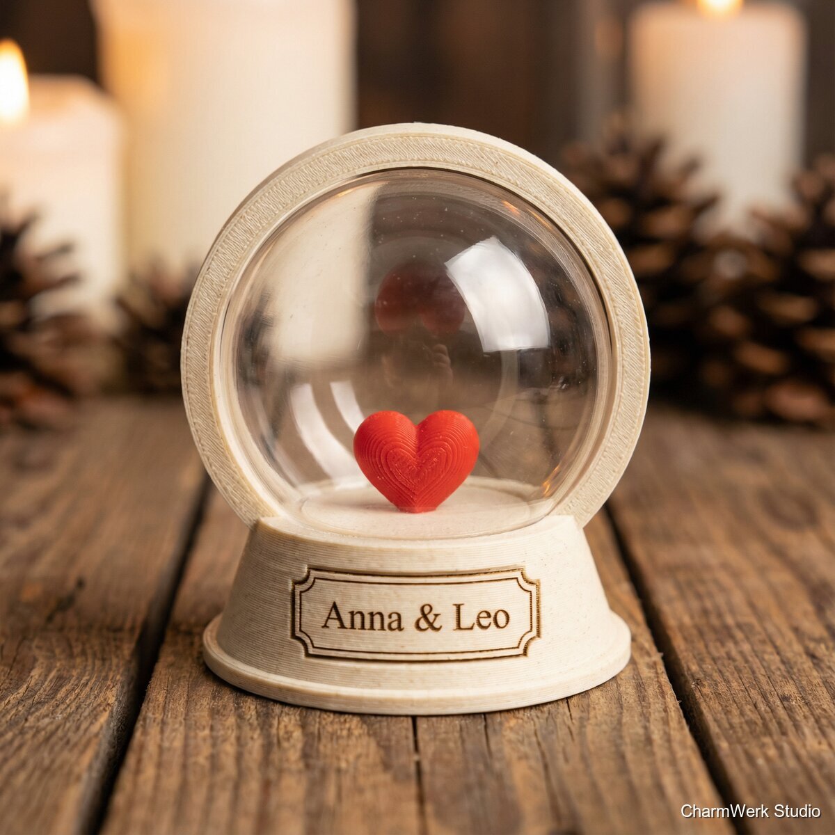 Mini-Schneekugel-Optik: Herz in Kuppelrahmen - Detailansicht