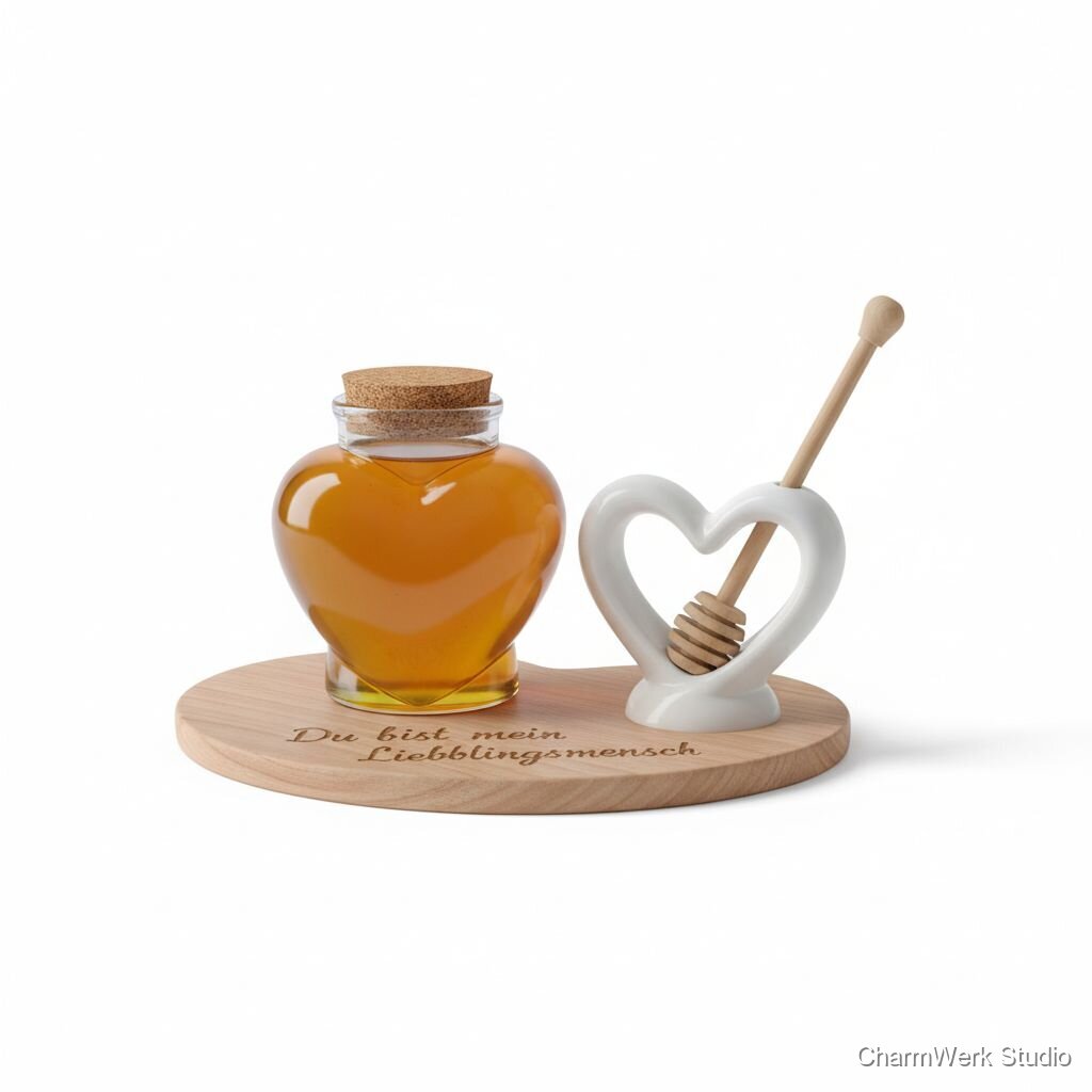 Herz-Honigglas-Set mit graviertem Löffelhalter