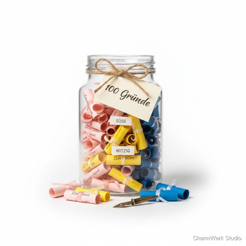 „100 Gründe“-Glas mit handgerollten Zetteln