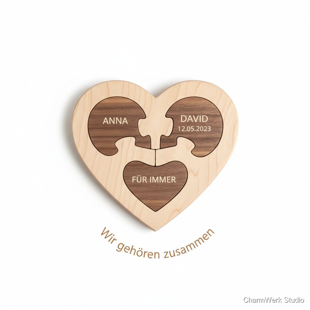 Herz-Puzzle aus Massivholz mit Initialen-Inlay