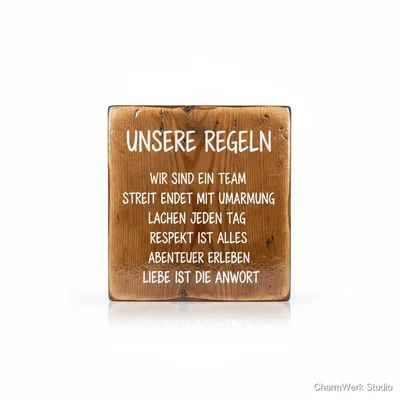 Handgefertigte „Unsere Regeln“-Tafel auf Holzbrett