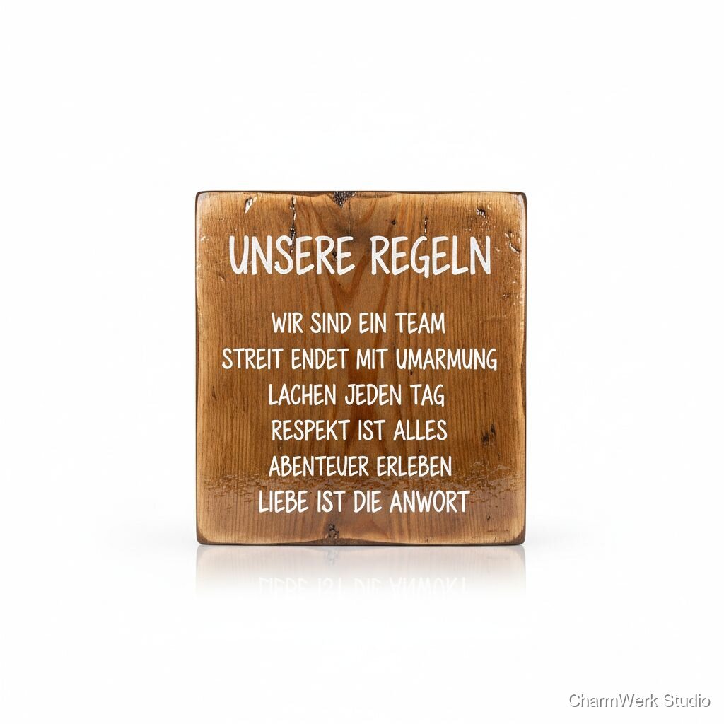 Handgefertigte „Unsere Regeln“-Tafel auf Holzbrett