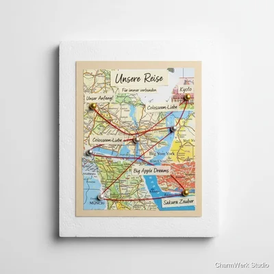 „Unsere Reise“-Landkarten-Collage mit Fadenroute