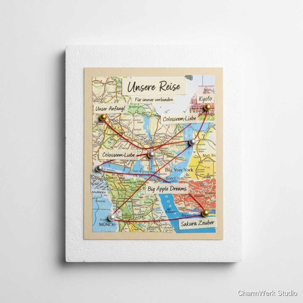 „Unsere Reise“-Landkarten-Collage mit Fadenroute