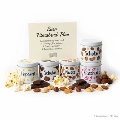 „Filmabend“-Snackbox mit handbemalten Dosen