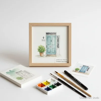 Handbemaltes „Unsere Haustür“-Aquarell im Mini-Format
