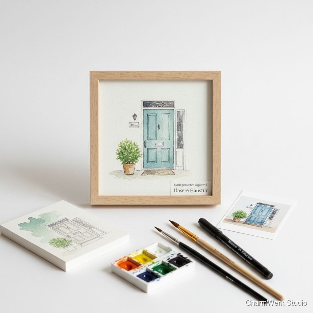 Handbemaltes „Unsere Haustür“-Aquarell im Mini-Format