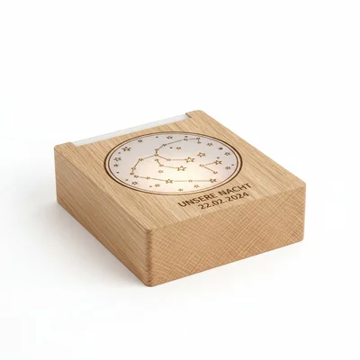 Nachtlicht-Basis aus Holz mit gefrästem Sternbild-Datum