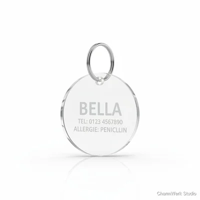 Personalisierte Hundemarke aus Acryl mit Notfalltext