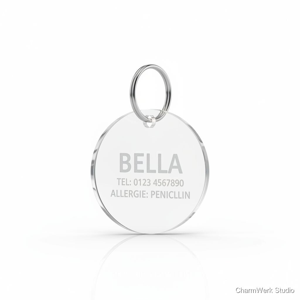 Personalisierte Hundemarke aus Acryl mit Notfalltext