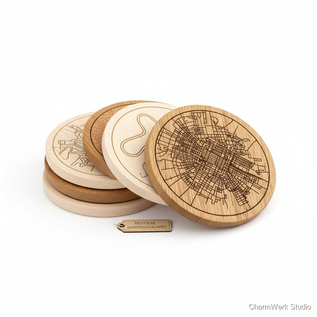 Holz-Untersetzer-Set mit Stadtplan-Linien des Lieblingsorts