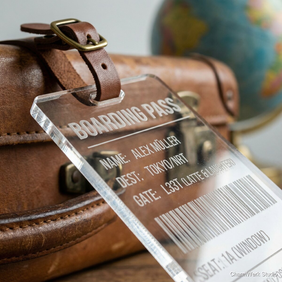Acryl-Gepäckanhänger mit Reisepass-Style Gravur - Detailansicht