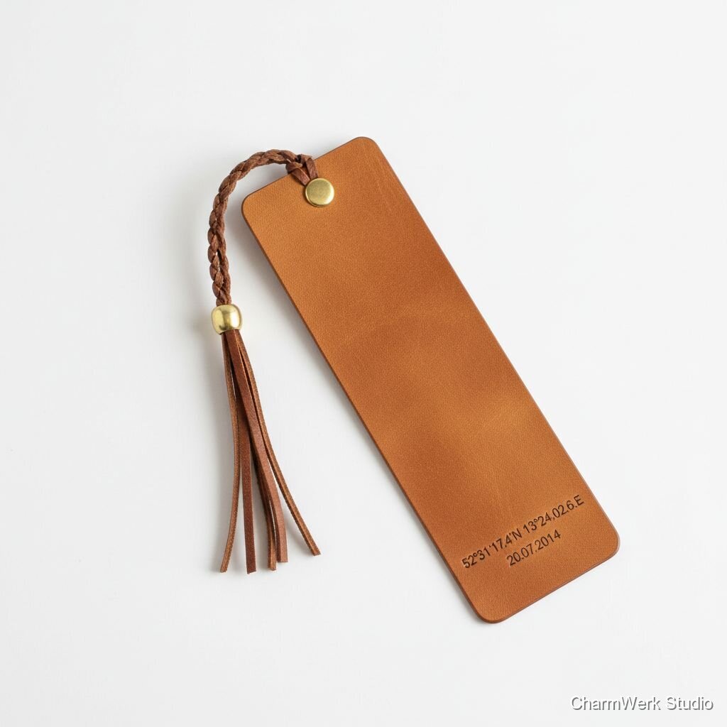Leder-Bookmark mit Koordinaten und Datum
