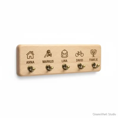 Gravierter Holz-Schlüsselbrettchen-Organizer mit Icons