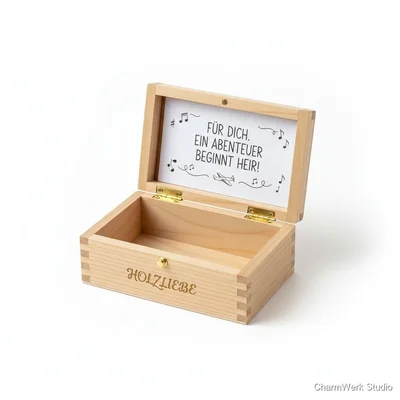 Holz-Gutscheinbox mit geheimer Botschaft im Deckel