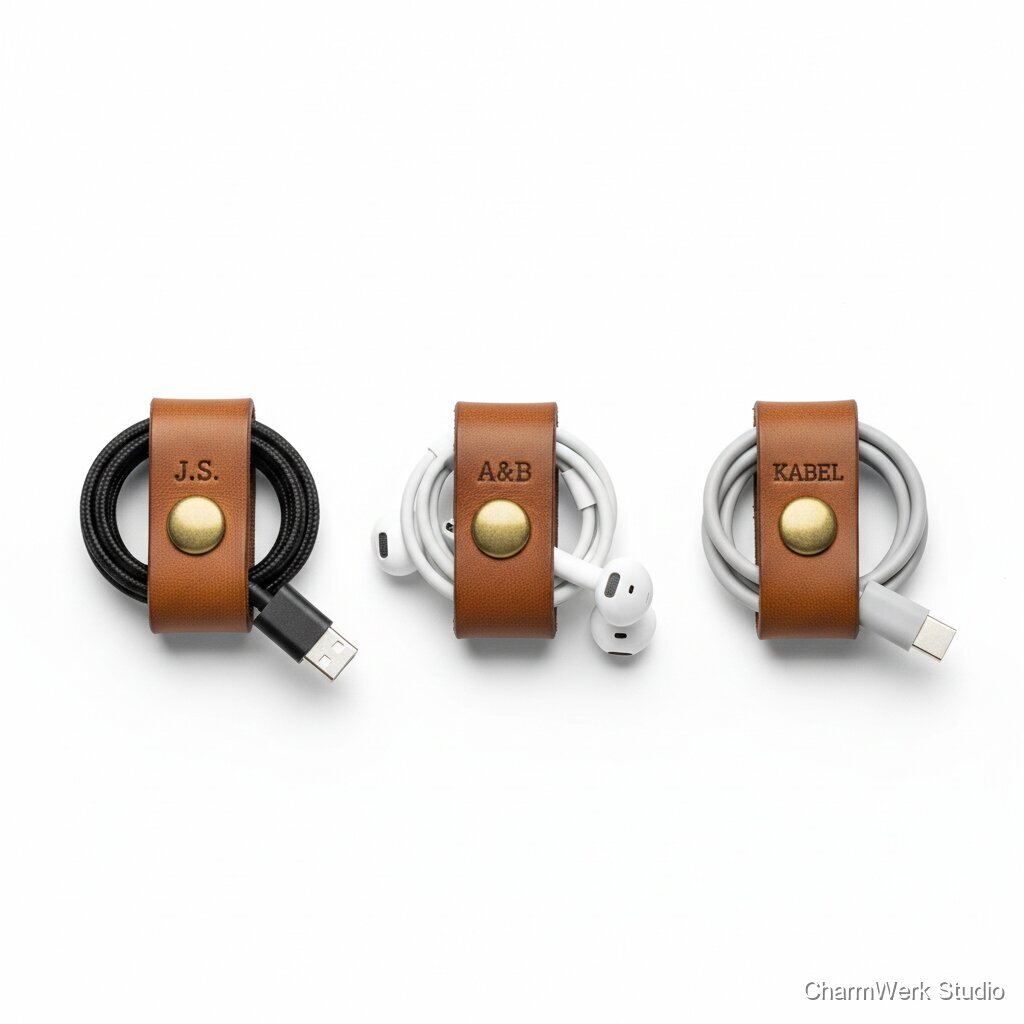 Gravierte Leder-Kabelhalter mit Initialen (Set)
