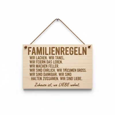 Holz-Wandbild „Familienregeln“ im typografischen Stil