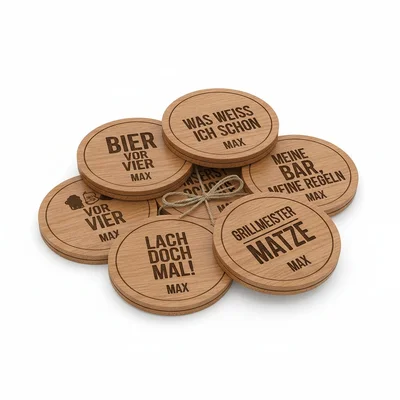 Graviertes Holz-Bierdeckel-Set mit Sprüchen & Namen