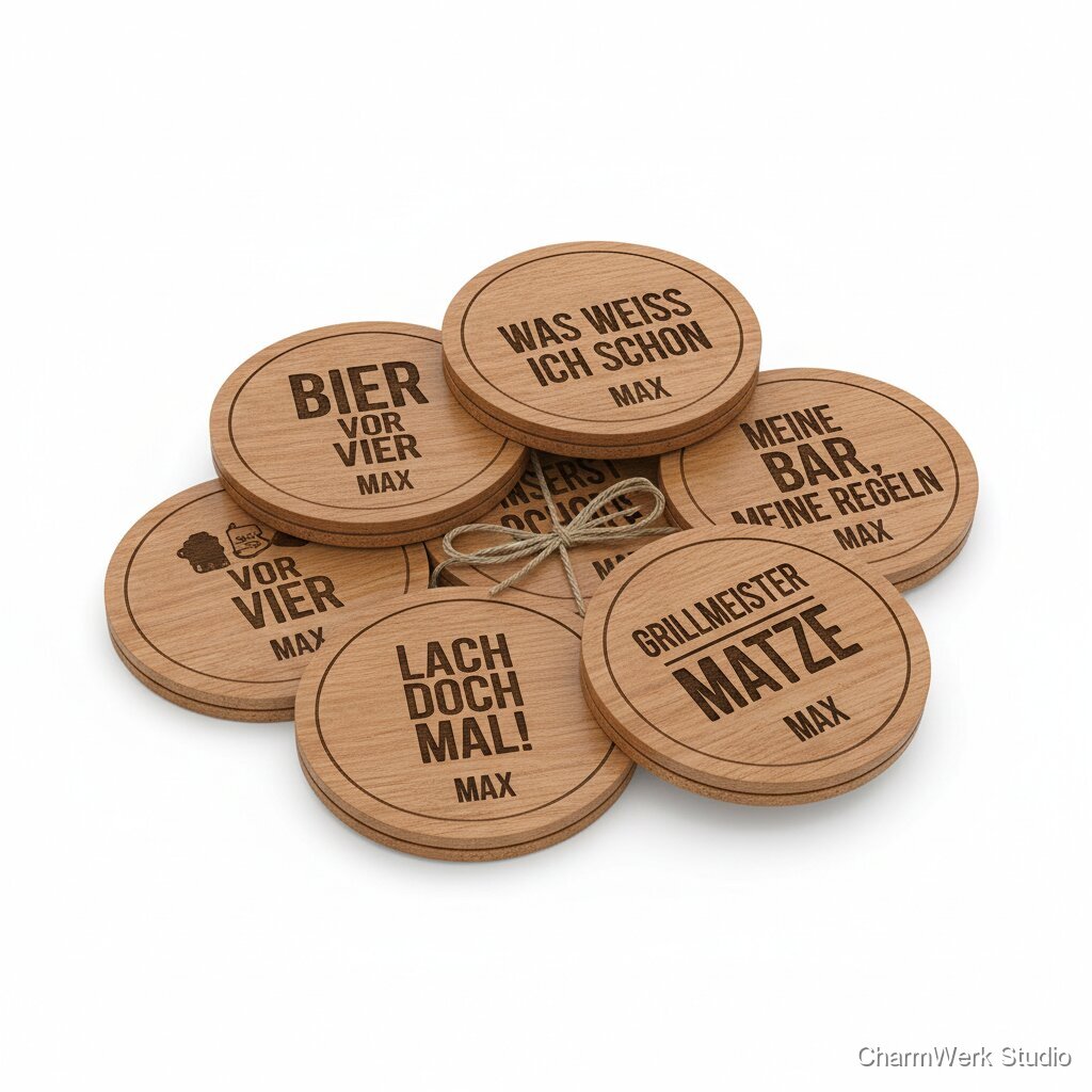Graviertes Holz-Bierdeckel-Set mit Sprüchen & Namen