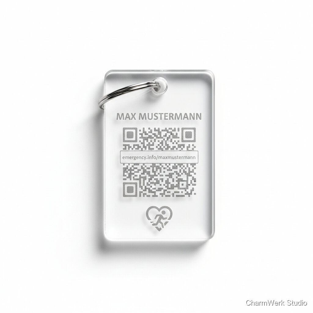 Gravierter Acryl-Schlüsselanhänger mit Notfall-QR-Code
