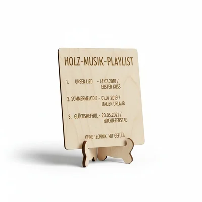 Holz-Musik-Playlist-Karte mit Trackliste als Gravur