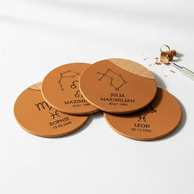 Leder-Untersetzer mit Sternzeichen-Symbol und Name