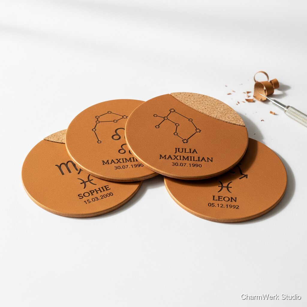 Leder-Untersetzer mit Sternzeichen-Symbol und Name