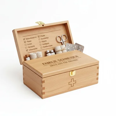 Gravierte Holz-„Erste Hilfe“-Box für Zuhause