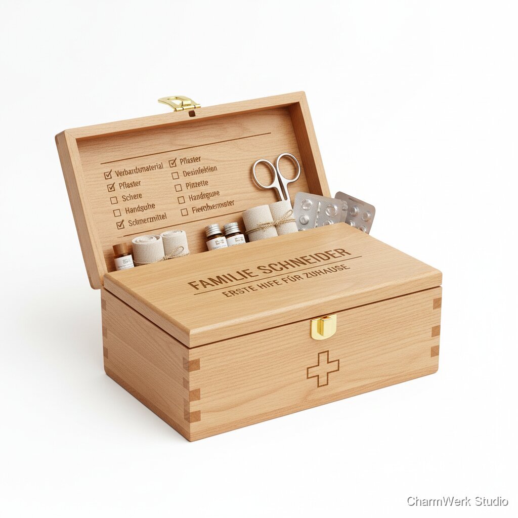 Gravierte Holz-„Erste Hilfe“-Box für Zuhause