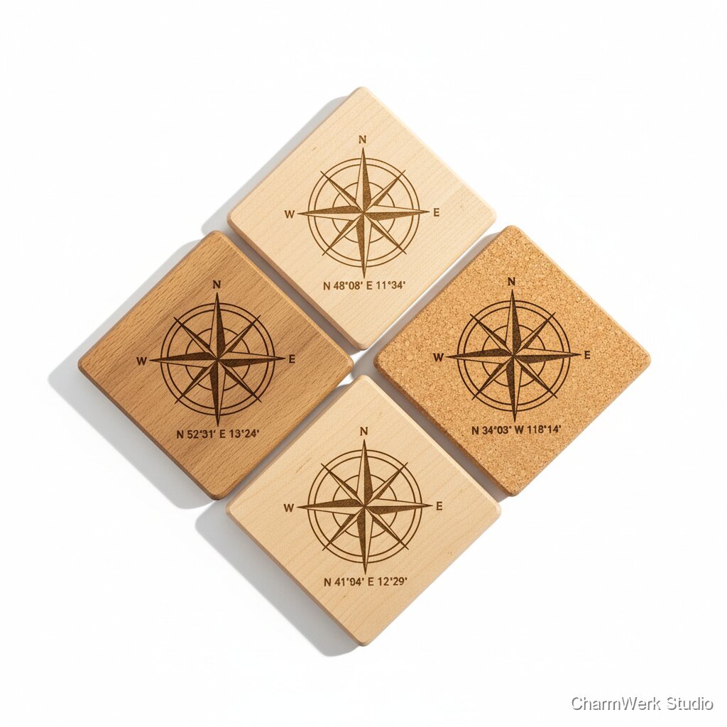 CNC-gefräste „Koordinaten-Kompassrose“ als Untersetzer-Set