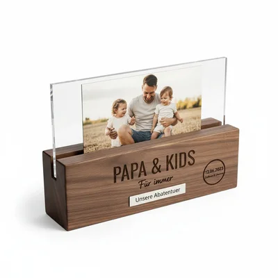 CNC-gefräster „Papa & Kids“-Fotoaufsteller mit Schiebemechanik