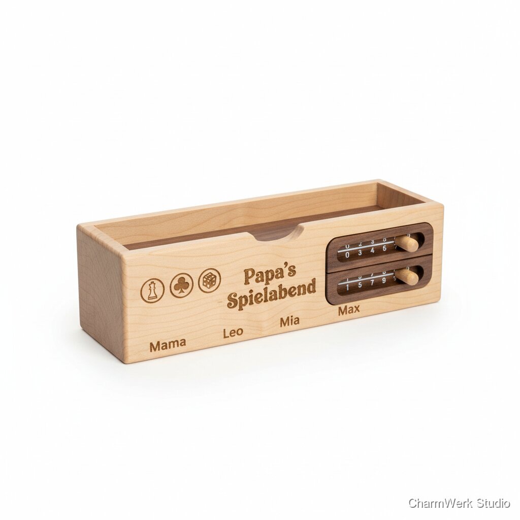 CNC-gefräster Kartenhalter „Papa’s Spielabend“ mit Punktezähler