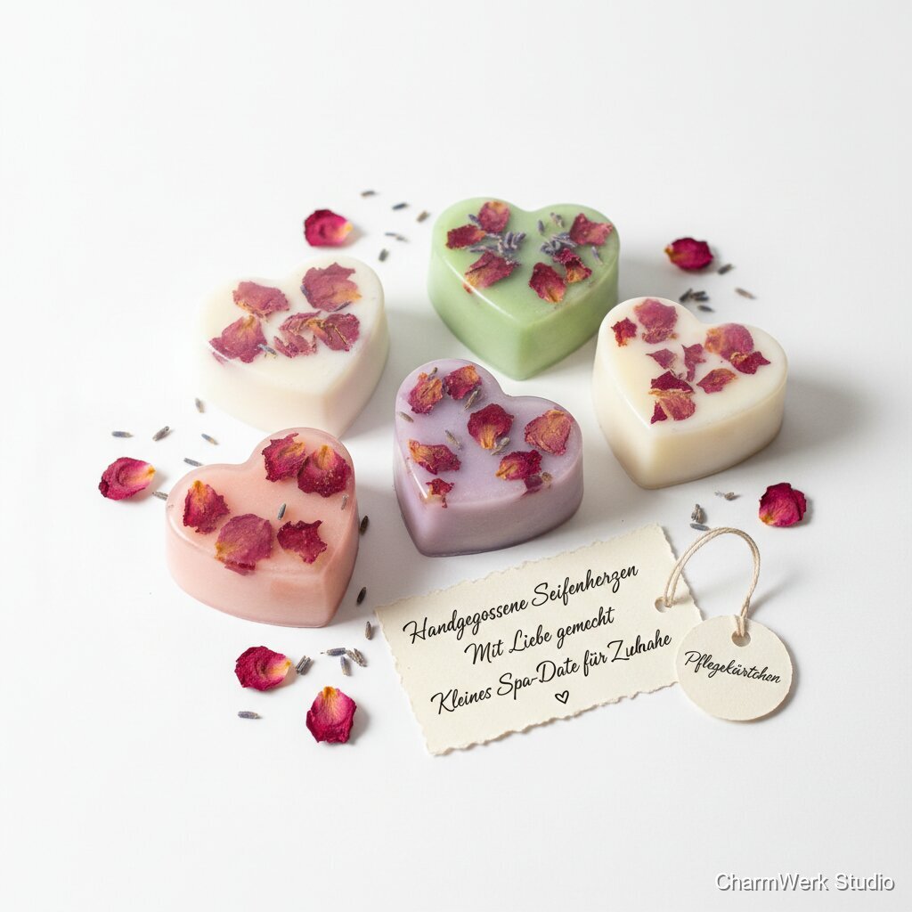Handgegossene Seifenherzen mit Blumenblättern