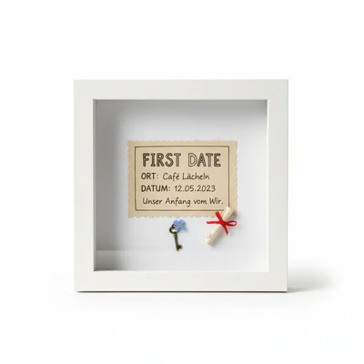 Handgestaltetes „First Date“-Ticket im Shadowbox-Rahmen