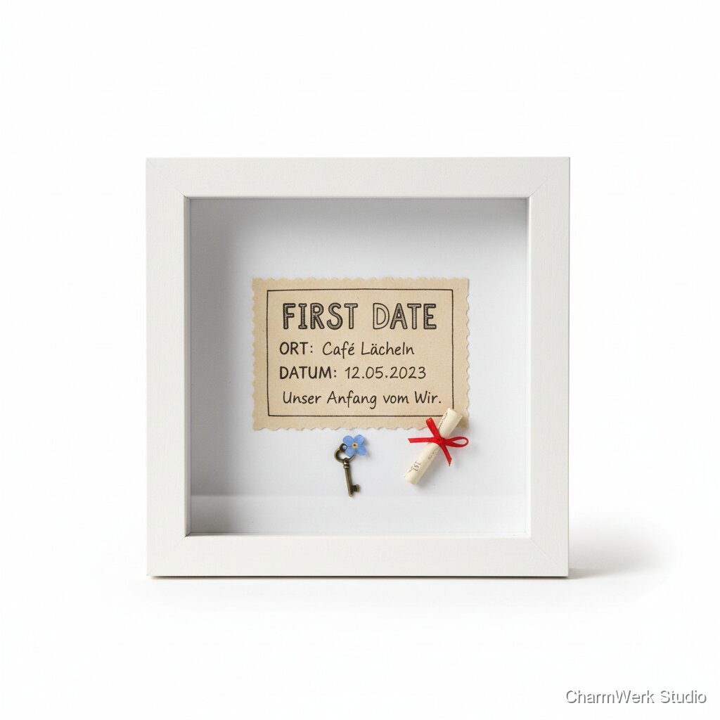 Handgestaltetes „First Date“-Ticket im Shadowbox-Rahmen