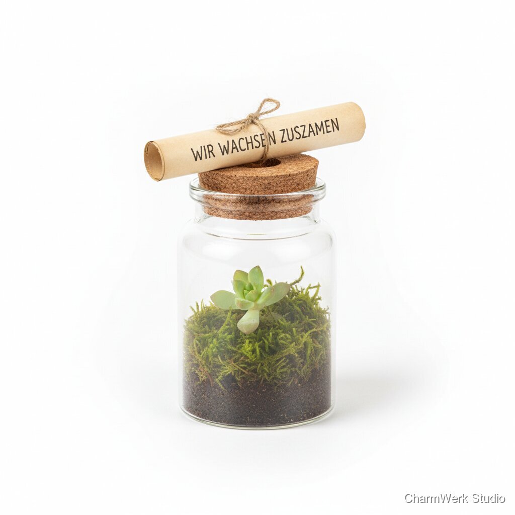 Mini-Terrarium im Glas mit Liebesbotschaft im Korken